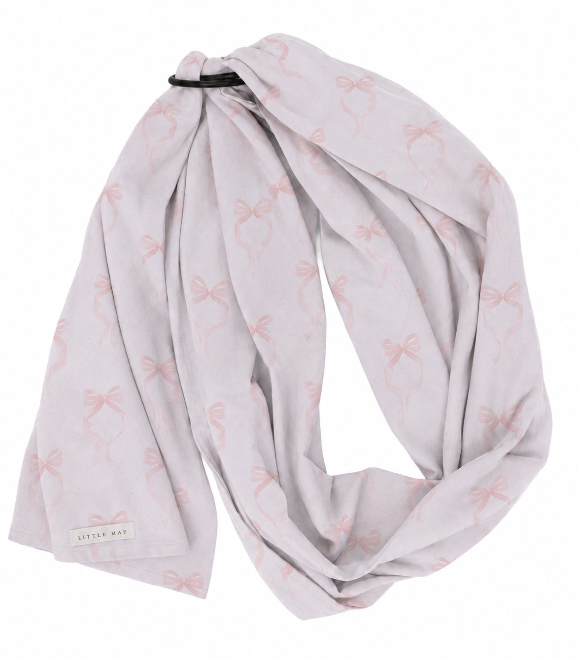 Pink bow print ring sling baby carrier with black aluminum rings and long double-sided fabric tail