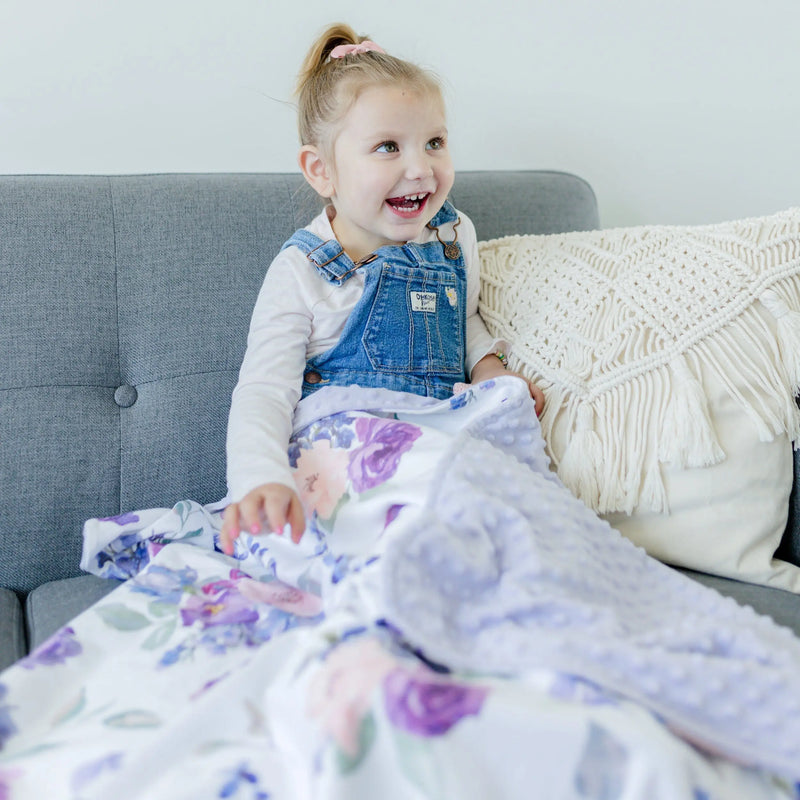 Premium baby & toddler blanket with purple and blush floral design, soft minky texture, and generous size.