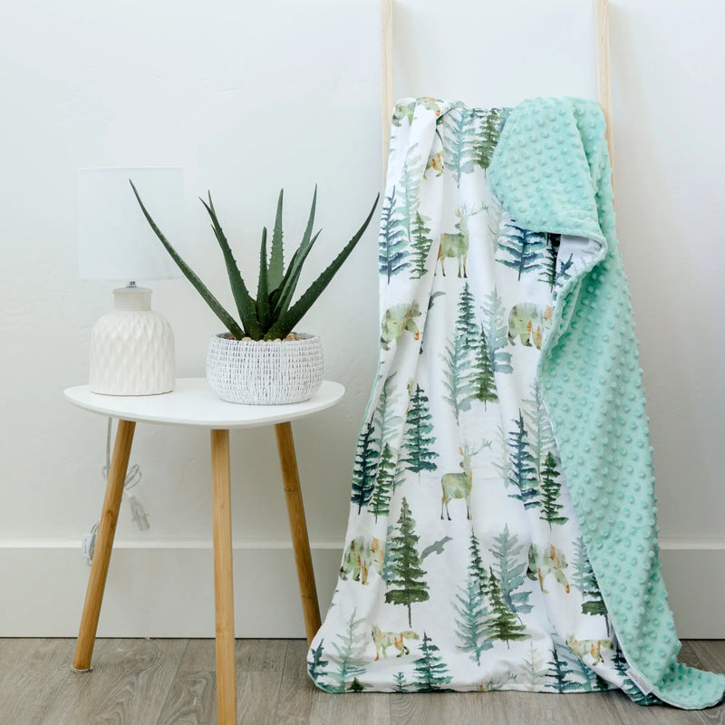 Baby & Toddler Minky Blanket with Forest Theme Design on Wooden Ladder