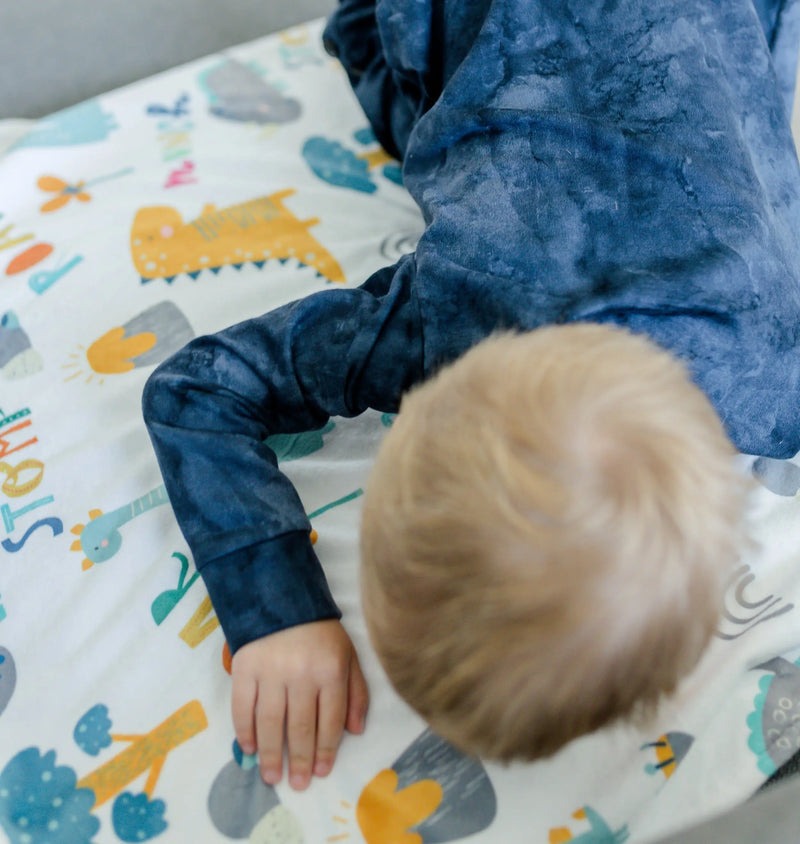 Baby & Toddler Minky Blanket with Dinoland Blue pattern, soft and sensory-friendly for ages 0-3.