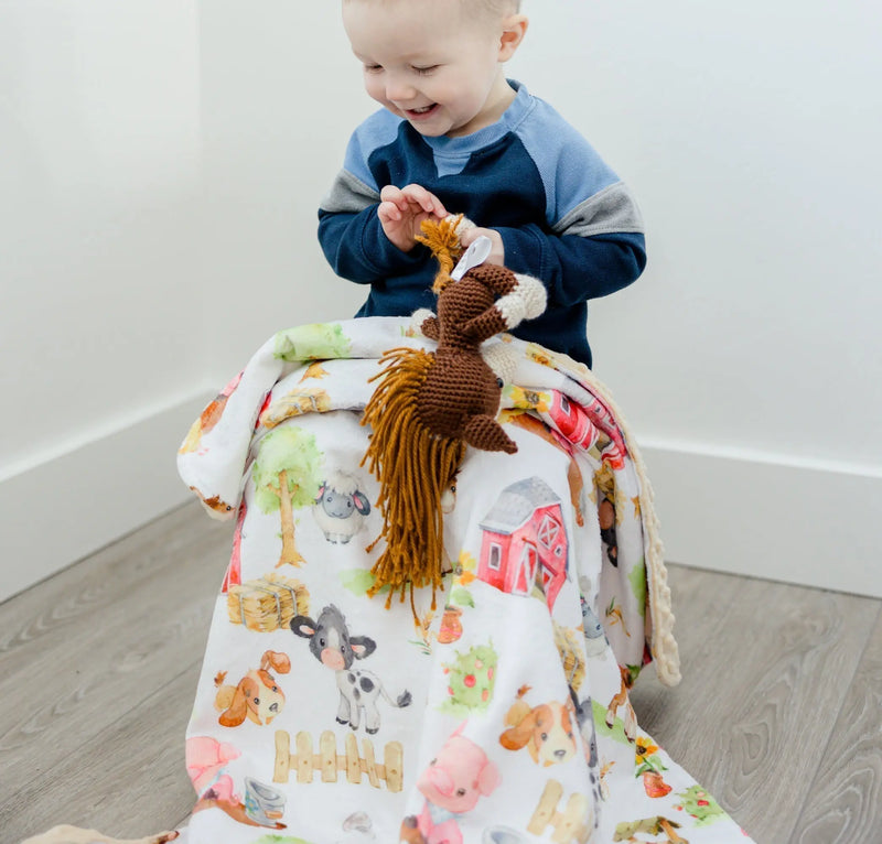 Baby & Toddler Minky Blanket with farm animal print, soft minky fabric, suitable for ages 0-3.