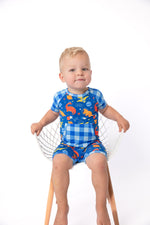 Space Dinosaur Bamboo Short Romper | Electric Blue by Rayn’s Tiny Stitches