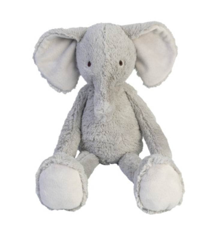 Soft stuffed elephant toy with large ears and a curved trunk, made for cuddling.