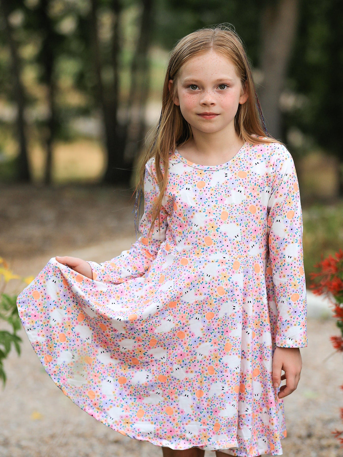 Halloween Ghost Print Girls Twirl Dress Long Sleeve by Rylee Faith Designs