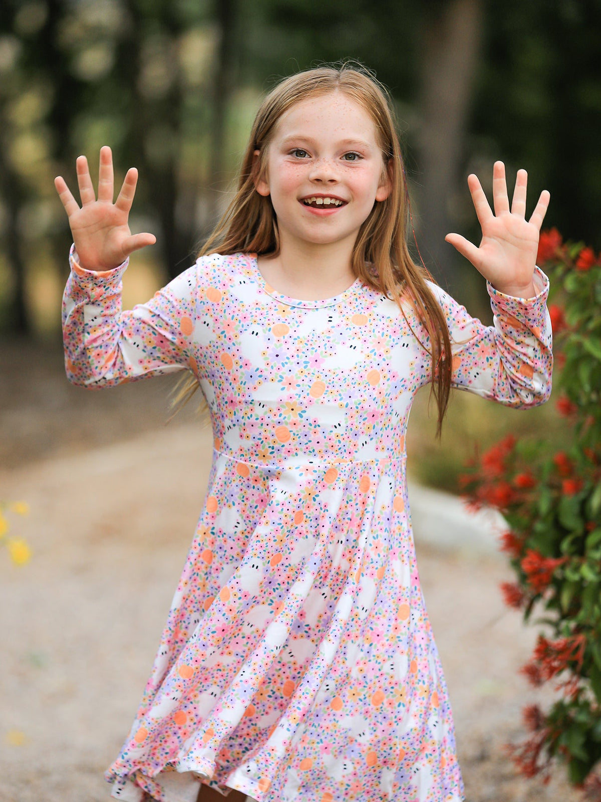 Halloween Ghost Print Girls Twirl Dress Long Sleeve by Rylee Faith Designs