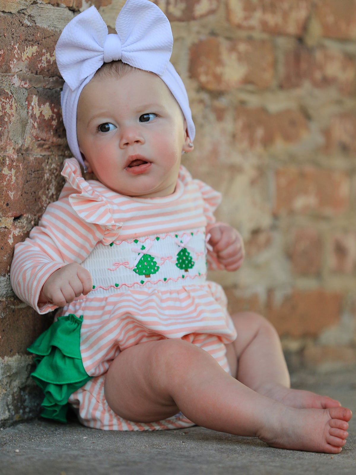Christmas Tree Smocked Embroidery Stripe Baby Girls Romper by Rylee Faith Designs