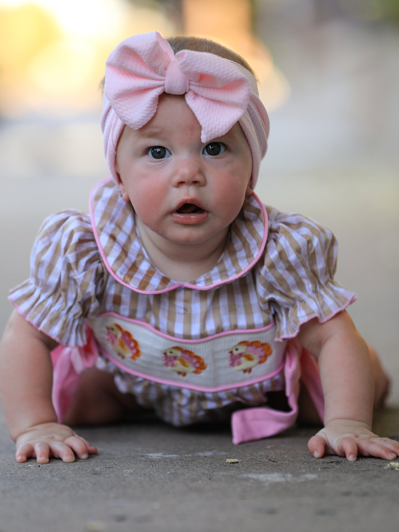 Baby girl romper with plaid lapel collar, chick embroidery, smocked front and a bow