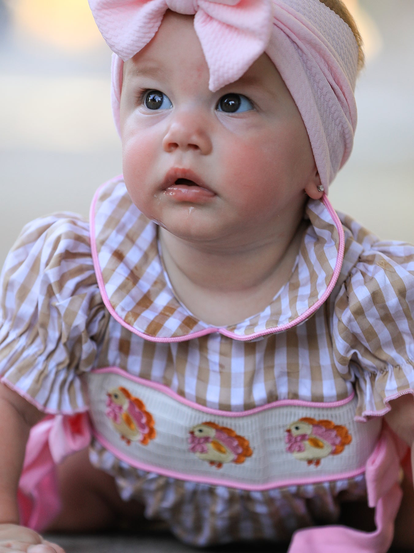 Fall Thanksgiving Lapel Plaid Chick Embroidery Smocking Bow Baby Girls Romper by Rylee Faith Designs