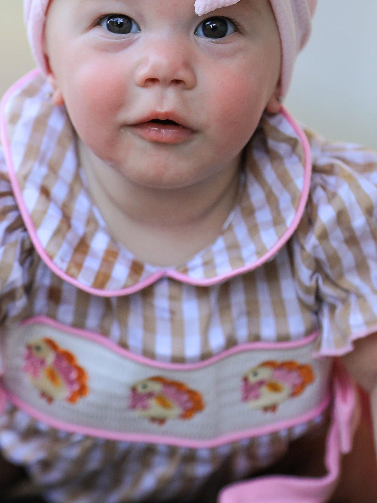 Fall Thanksgiving Lapel Plaid Chick Embroidery Smocking Bow Baby Girls Romper by Rylee Faith Designs
