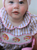 Fall Thanksgiving Lapel Plaid Chick Embroidery Smocking Bow Baby Girls Romper by Rylee Faith Designs