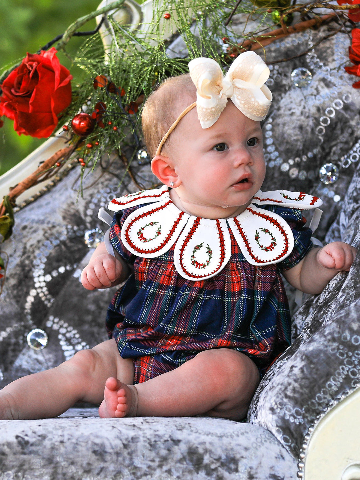 Navy Red Christmas Plaid Wreath Baby Girl Bubble Romper by Rylee Faith Designs