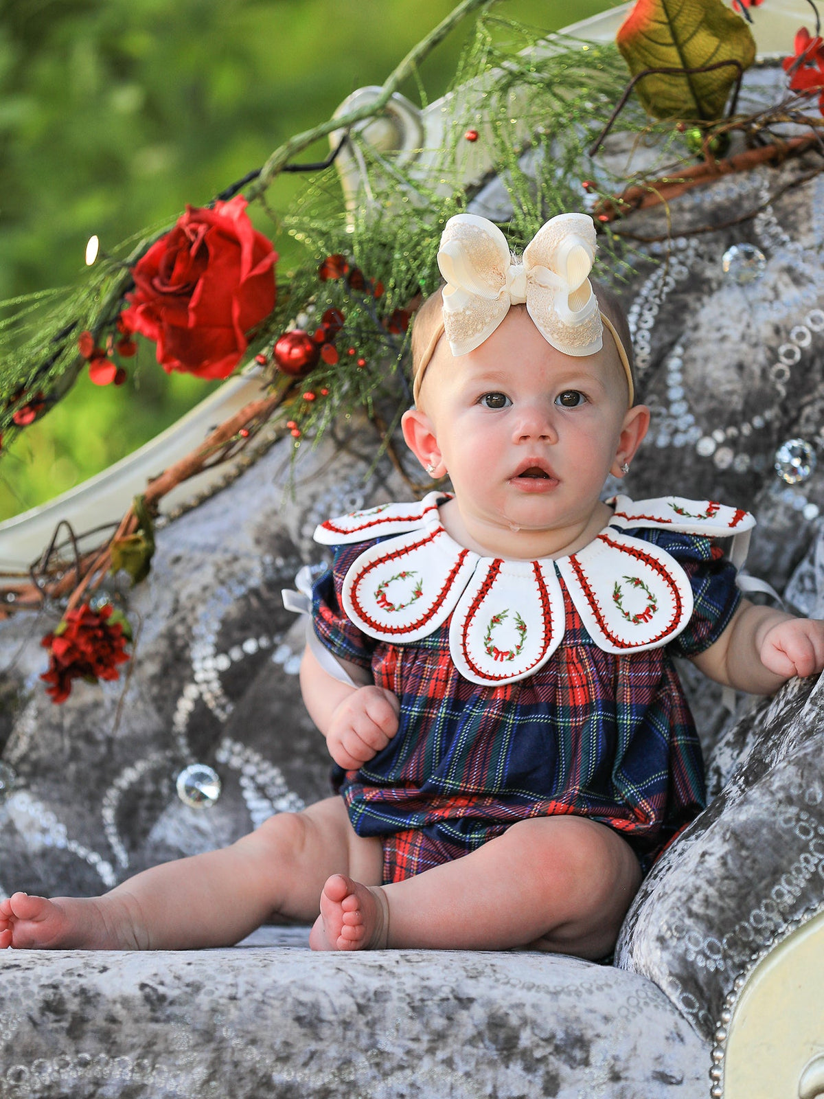 Navy Red Christmas Plaid Wreath Baby Girl Bubble Romper by Rylee Faith Designs