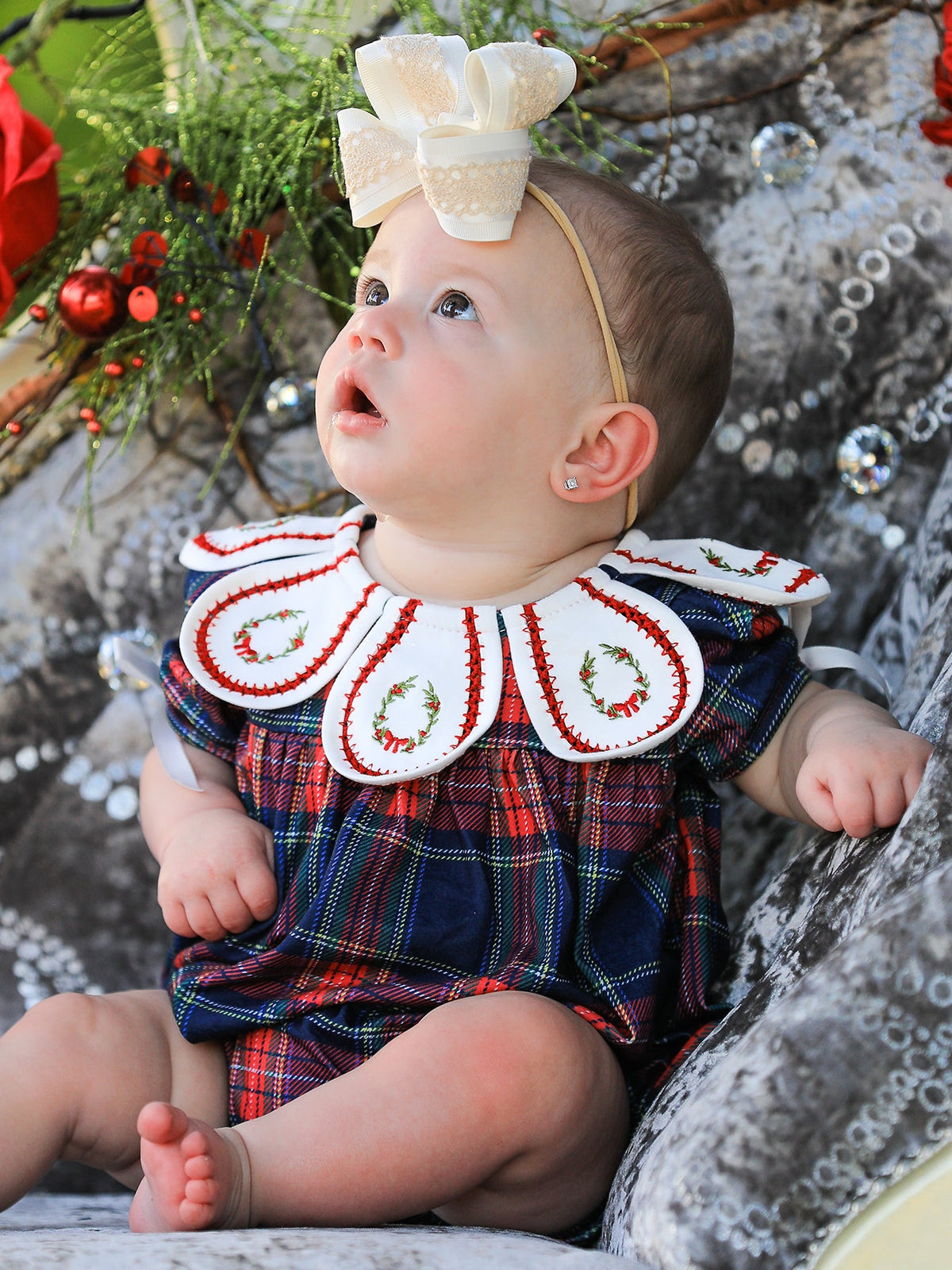 Navy Red Christmas Plaid Wreath Baby Girl Bubble Romper by Rylee Faith Designs