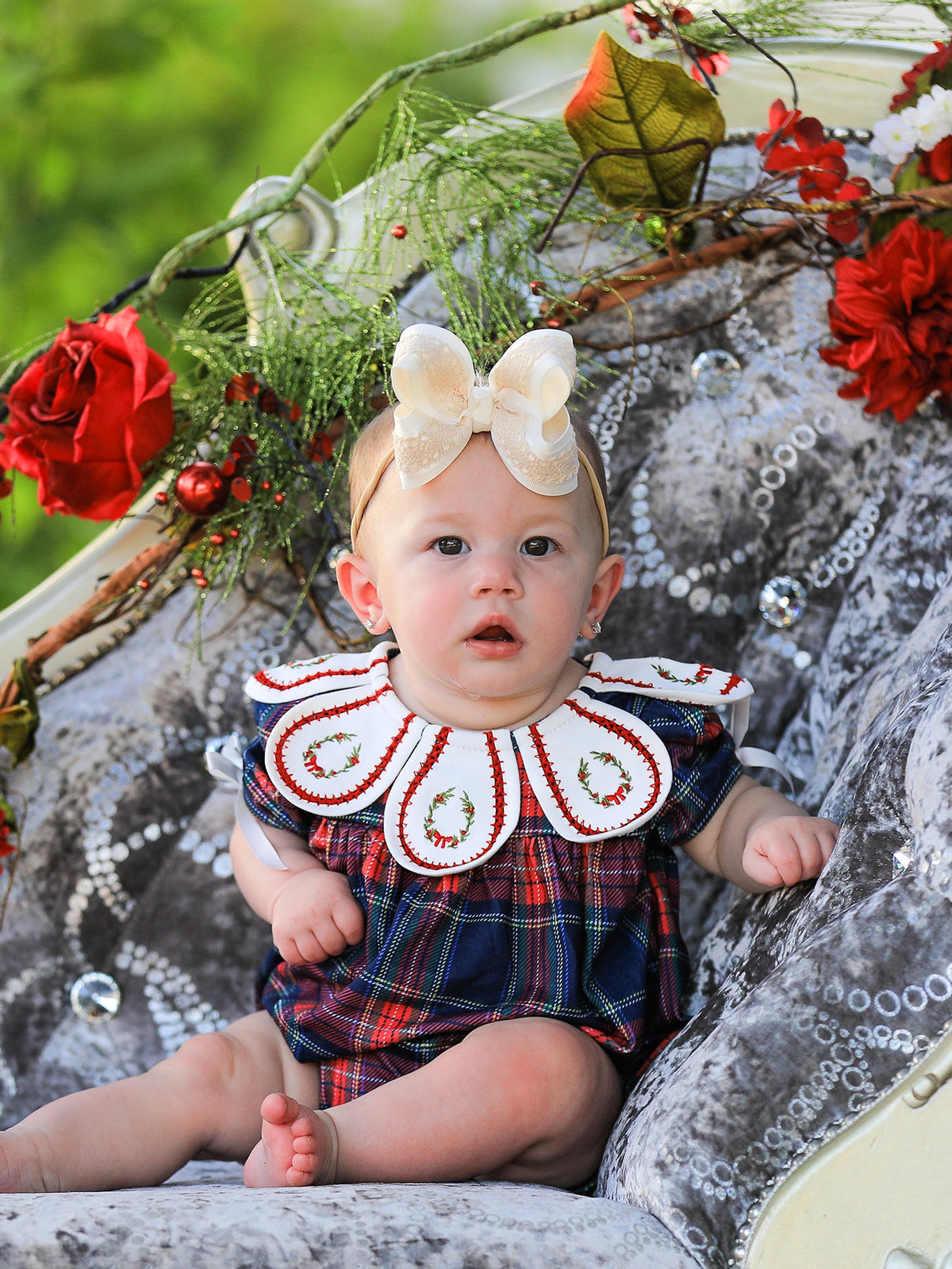 Navy Red Christmas Plaid Wreath Baby Girl Bubble Romper by Rylee Faith Designs