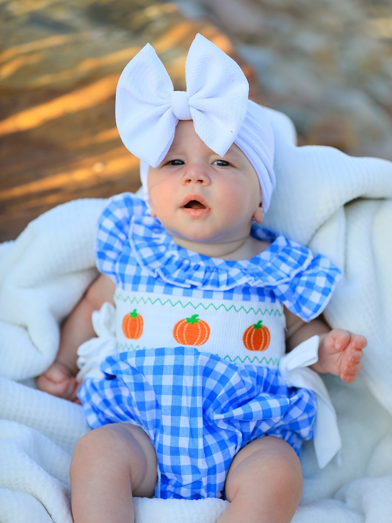 Cotton Smock Romper - Blue Pumpkin Embroidery