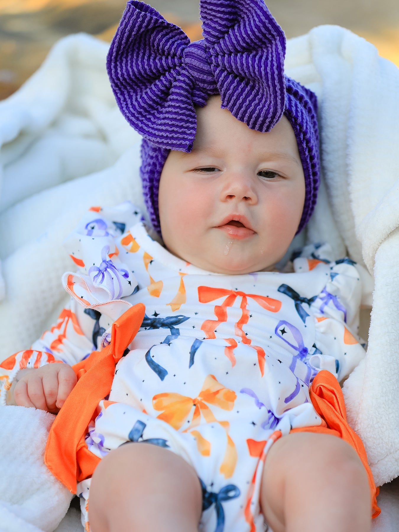 Polyester Spandex Girls Romper, Halloween Bow Print, Long Sleeve by Rylee Faith Designs