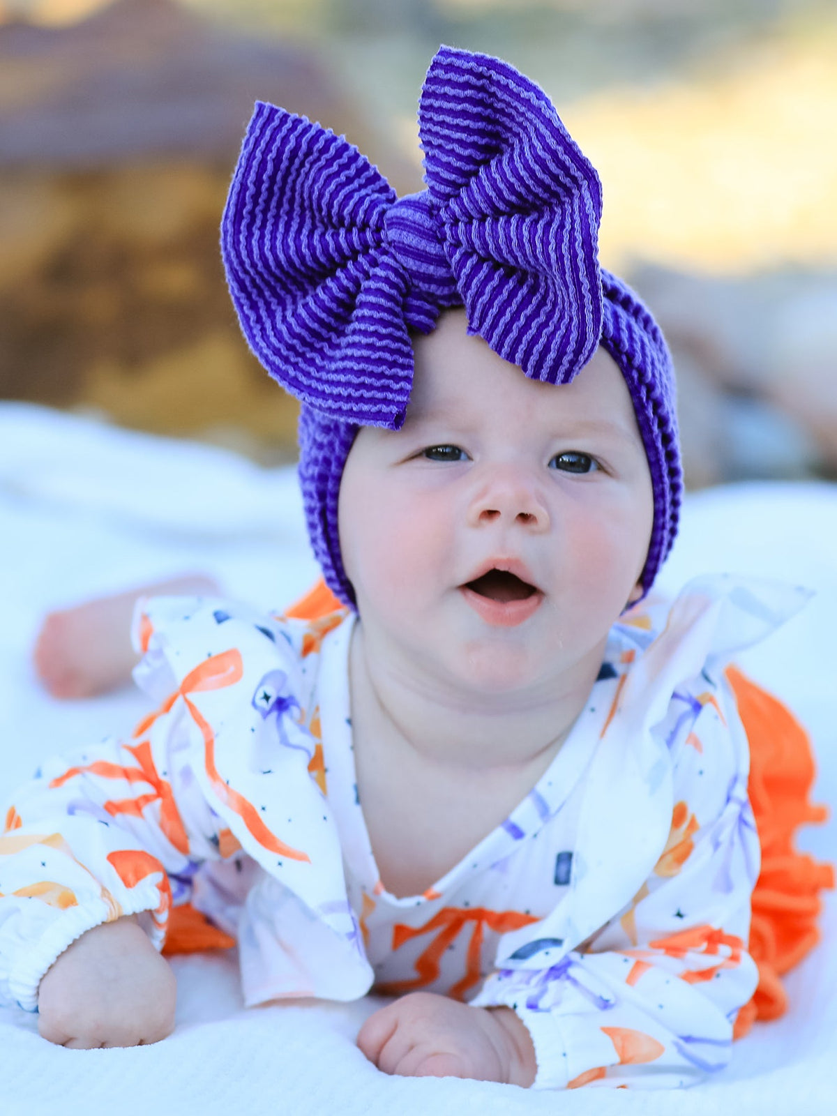 Polyester Spandex Girls Romper, Halloween Bow Print, Long Sleeve by Rylee Faith Designs