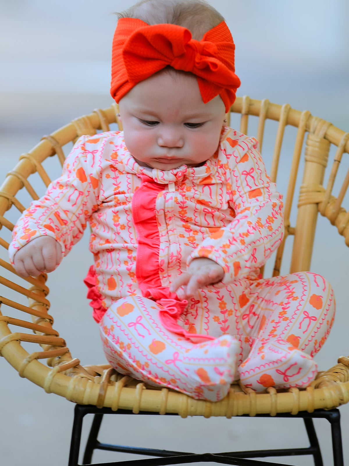 Polyester Spandex Baby Sleeper, Pumpkin Bow Print by Rylee Faith Designs