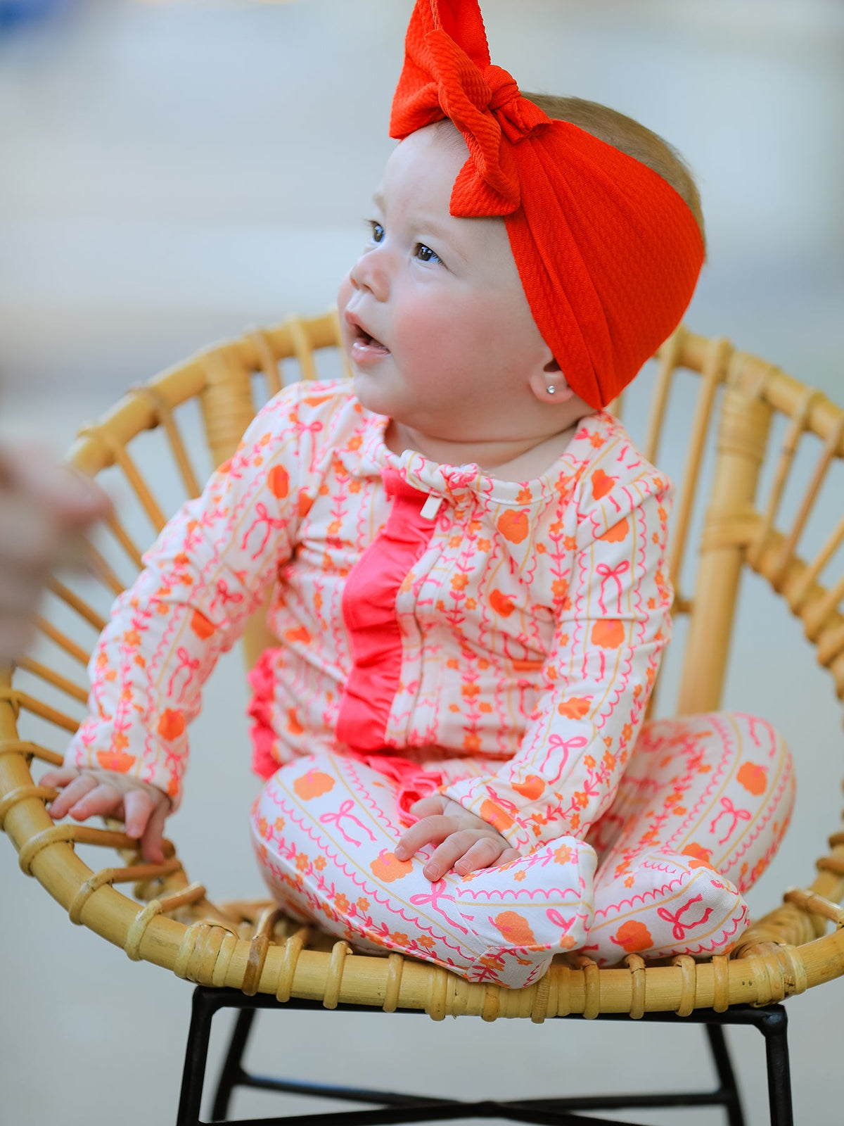 Polyester Spandex Baby Sleeper, Pumpkin Bow Print by Rylee Faith Designs