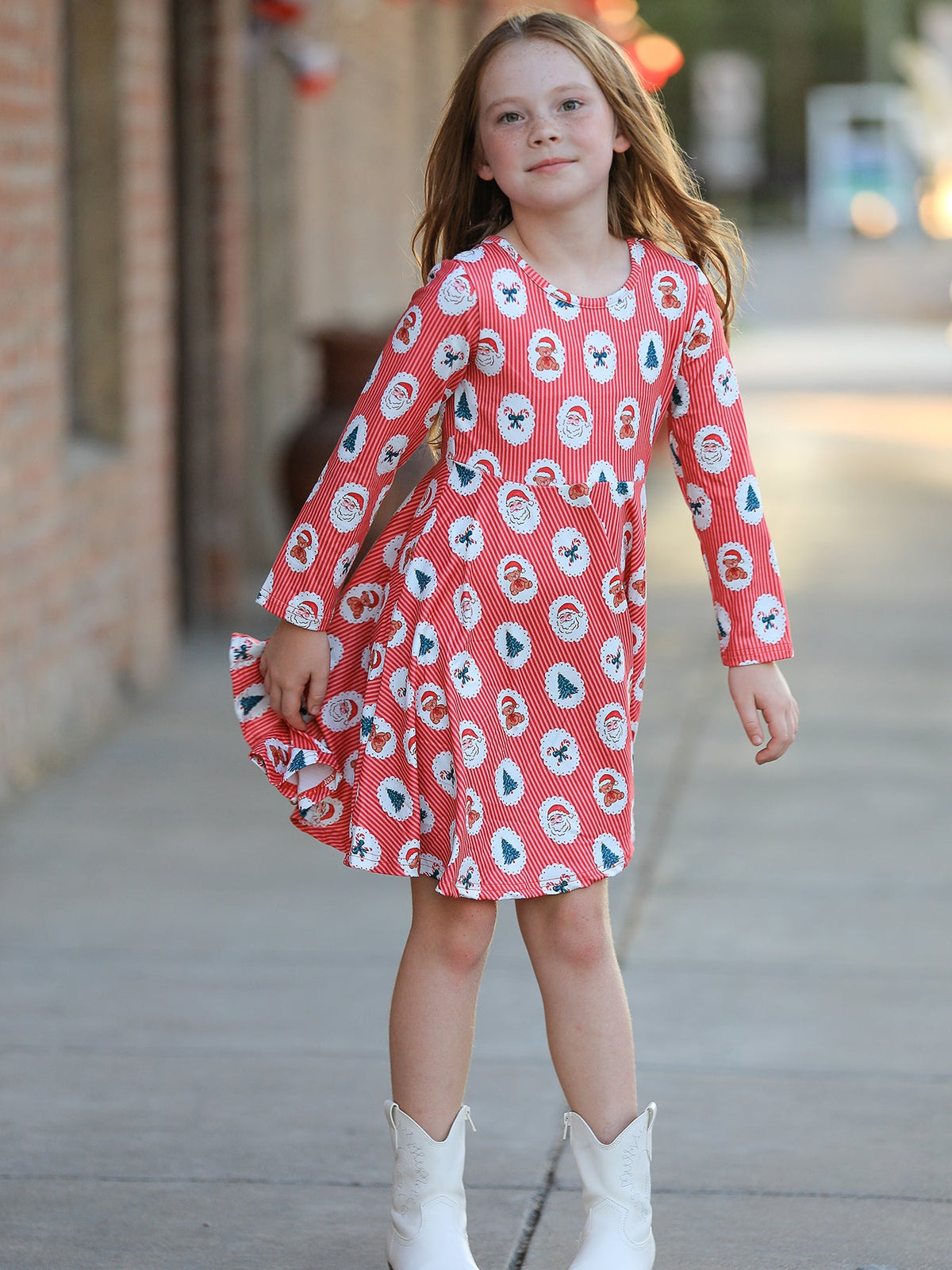 Christmas Girls' Santa and Tree Striped Dress by Rylee Faith Designs