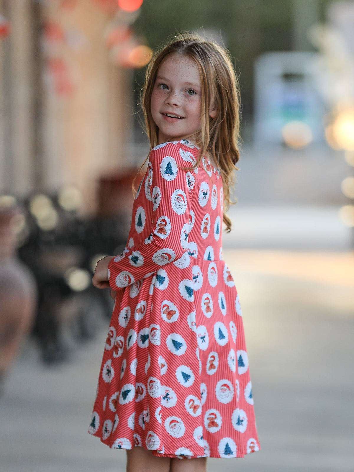 Christmas Girls' Santa and Tree Striped Dress by Rylee Faith Designs