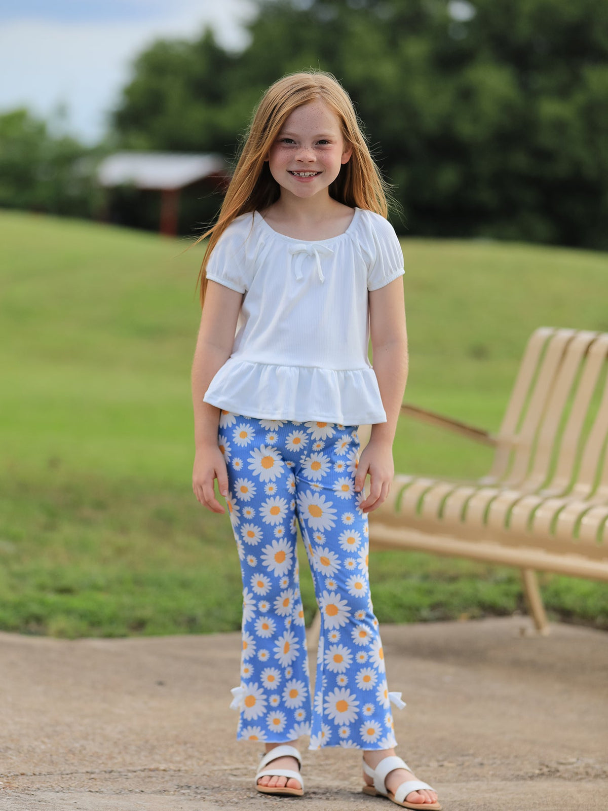 White Top And Daisy-Print Flared Pants Girl's Outfit by Rylee Faith Designs at Everetts Place