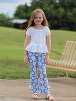 White Top And Daisy-Print Flared Pants Girl's Outfit by Rylee Faith Designs at Everetts Place