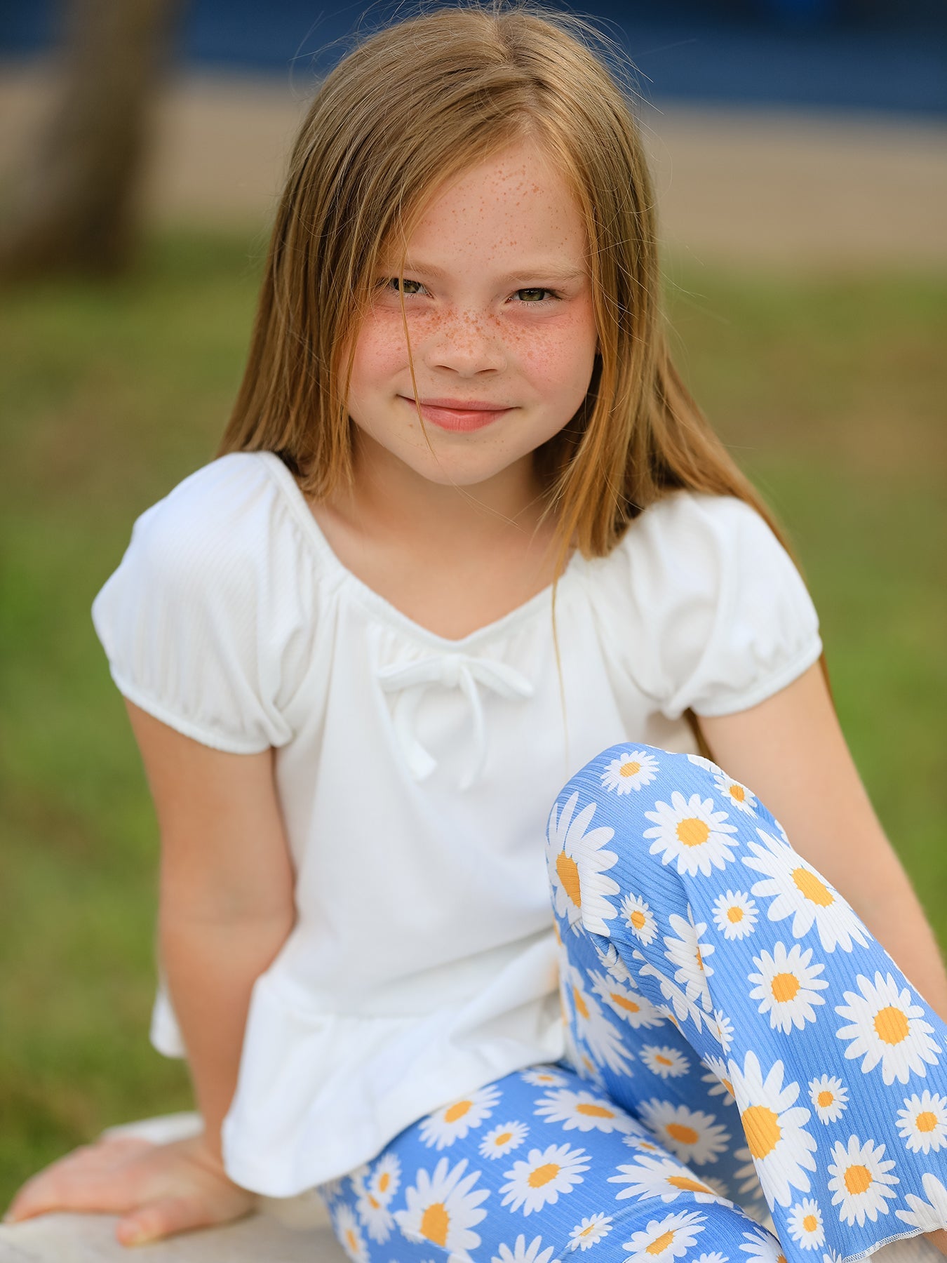 White Top And Daisy-Print Flared Pants Girl's Outfit by Rylee Faith Designs at Everetts Place