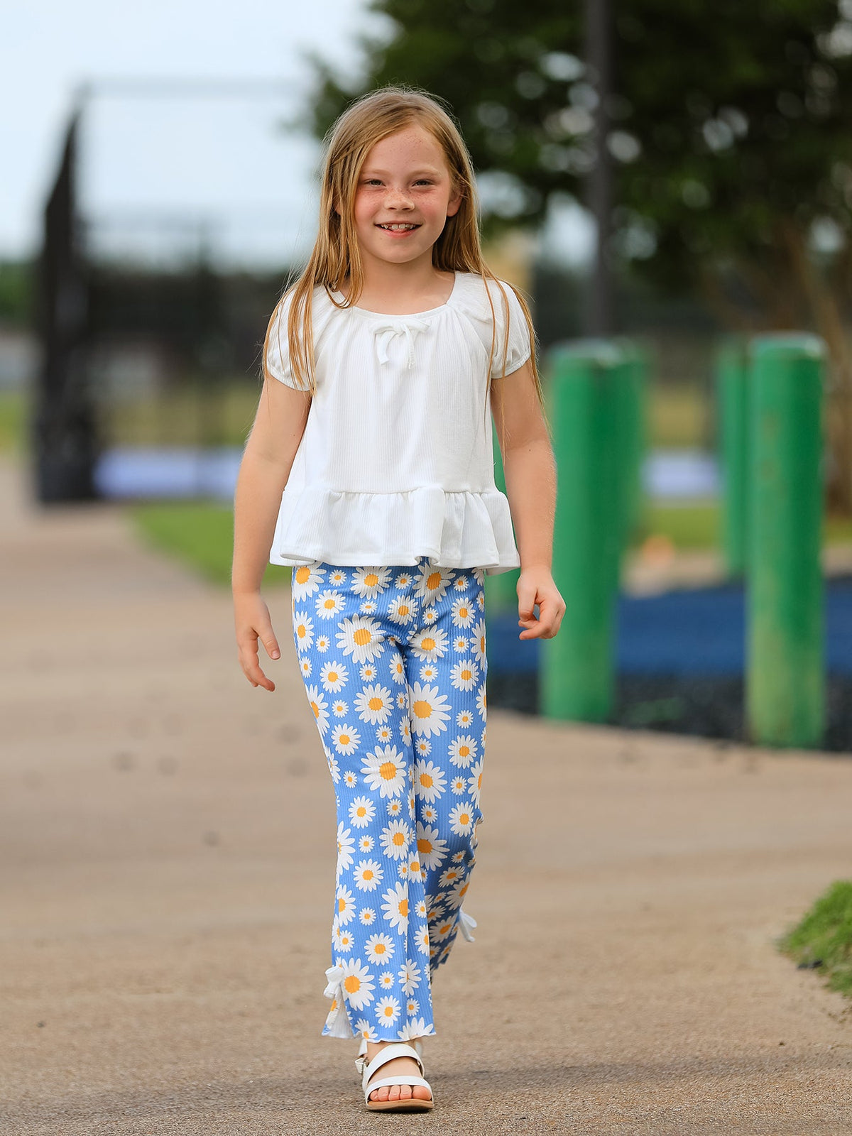 White Top And Daisy-Print Flared Pants Girl's Outfit by Rylee Faith Designs at Everetts Place