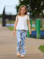 White Top And Daisy-Print Flared Pants Girl's Outfit by Rylee Faith Designs at Everetts Place