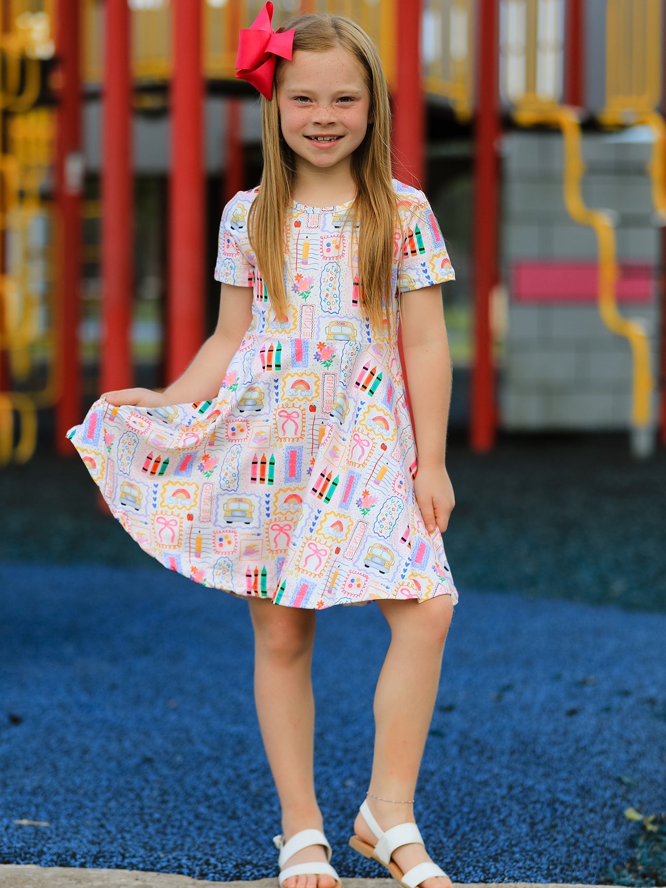 Short sleeve girls dress with an allover print of books, pencils, school buses, and rainbows.