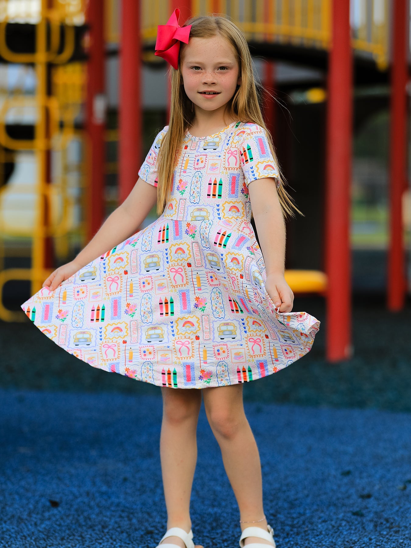 Back to School Rainbow Print Girls Dress Short Sleeve by Rylee Faith Designs at Everetts Place