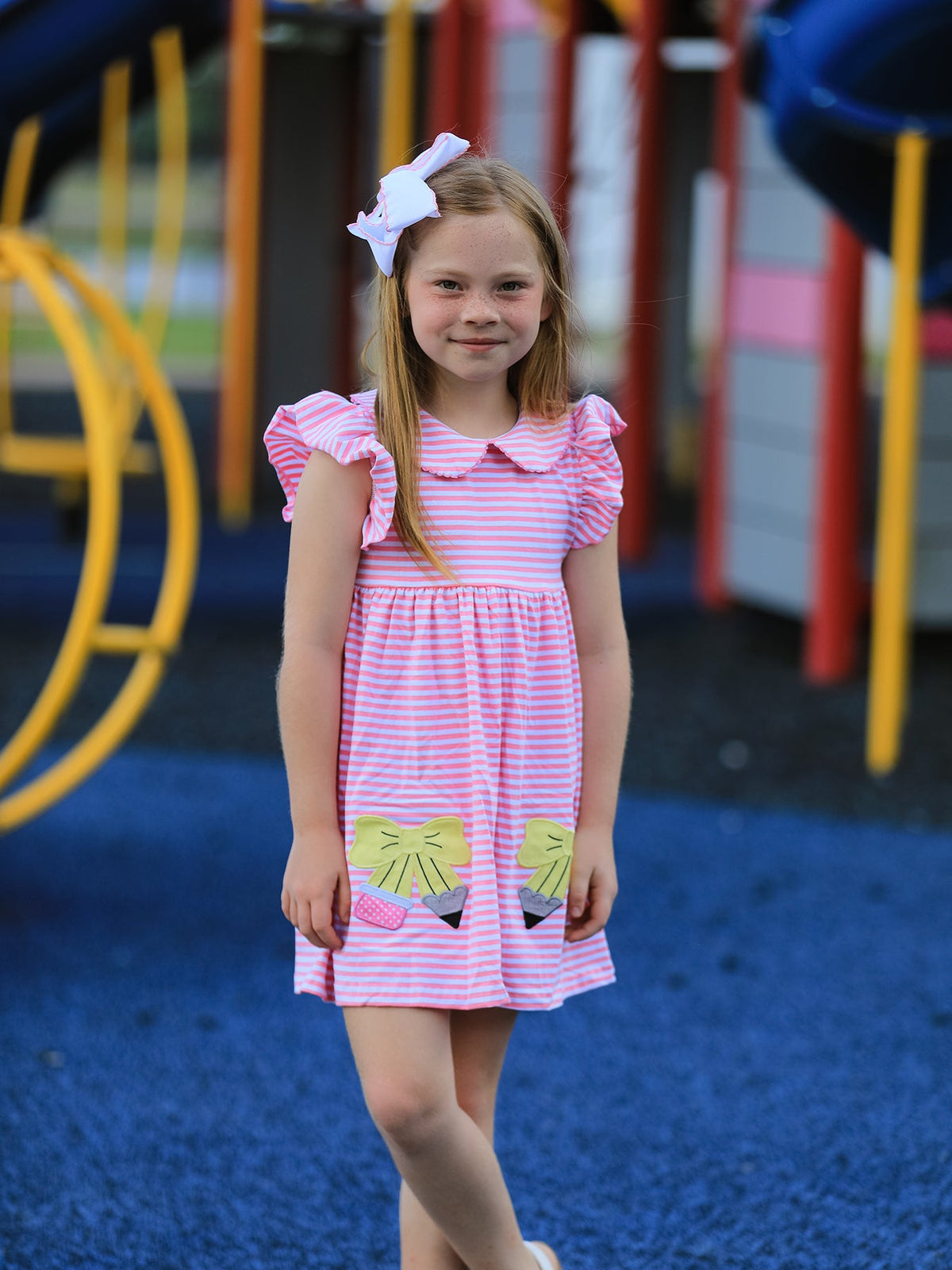 Girls Back To School Bow Pencil Twirl Dress Ruffle Petal Collar Applique by Rylee Faith Designs at Everetts Place
