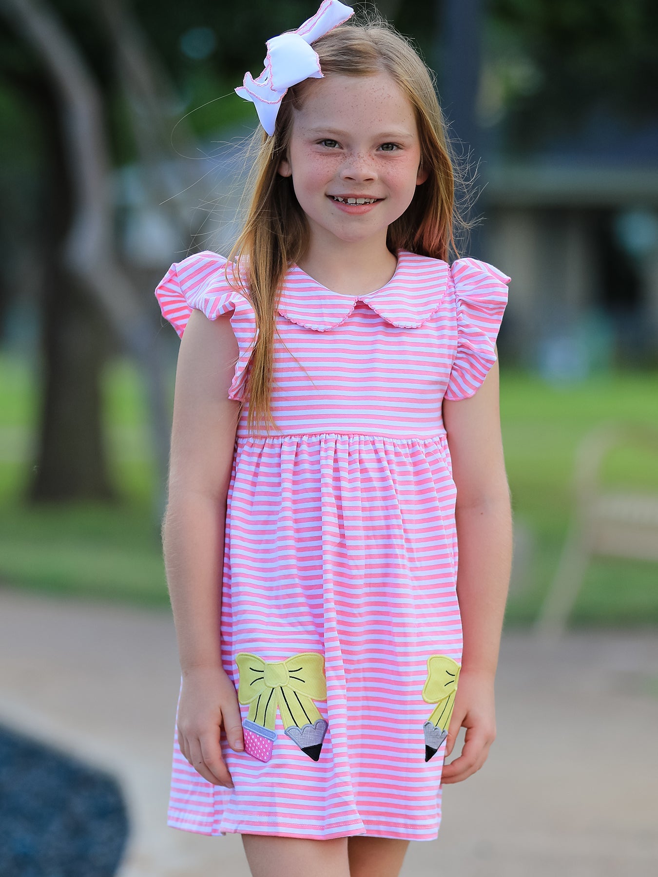 Girls Back To School Bow Pencil Twirl Dress Ruffle Petal Collar Applique by Rylee Faith Designs at Everetts Place