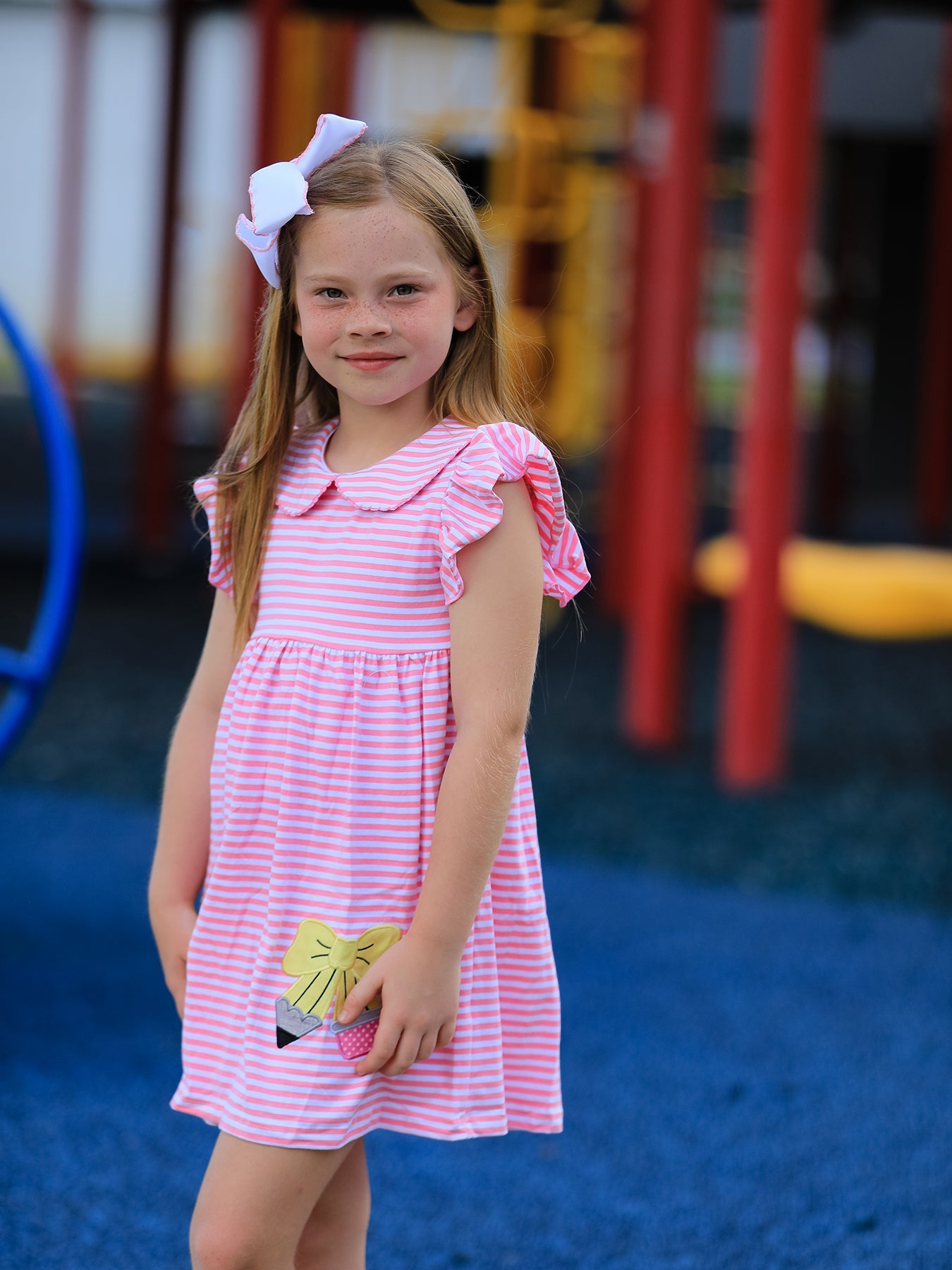 Girls Back To School Bow Pencil Twirl Dress Ruffle Petal Collar Applique by Rylee Faith Designs at Everetts Place