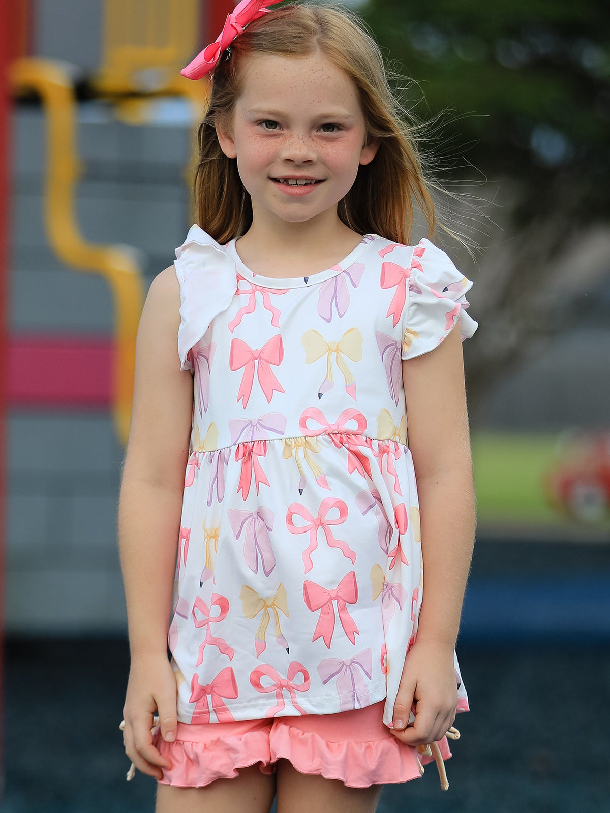 BACK TO SCHOOL Girl's Summer Bow Short Sleeve Shorts Set by Rylee Faith Designs at Everetts Place