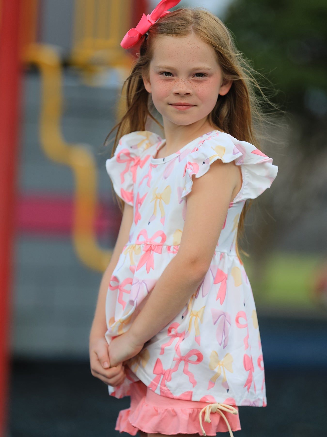 BACK TO SCHOOL Girl's Summer Bow Short Sleeve Shorts Set by Rylee Faith Designs at Everetts Place