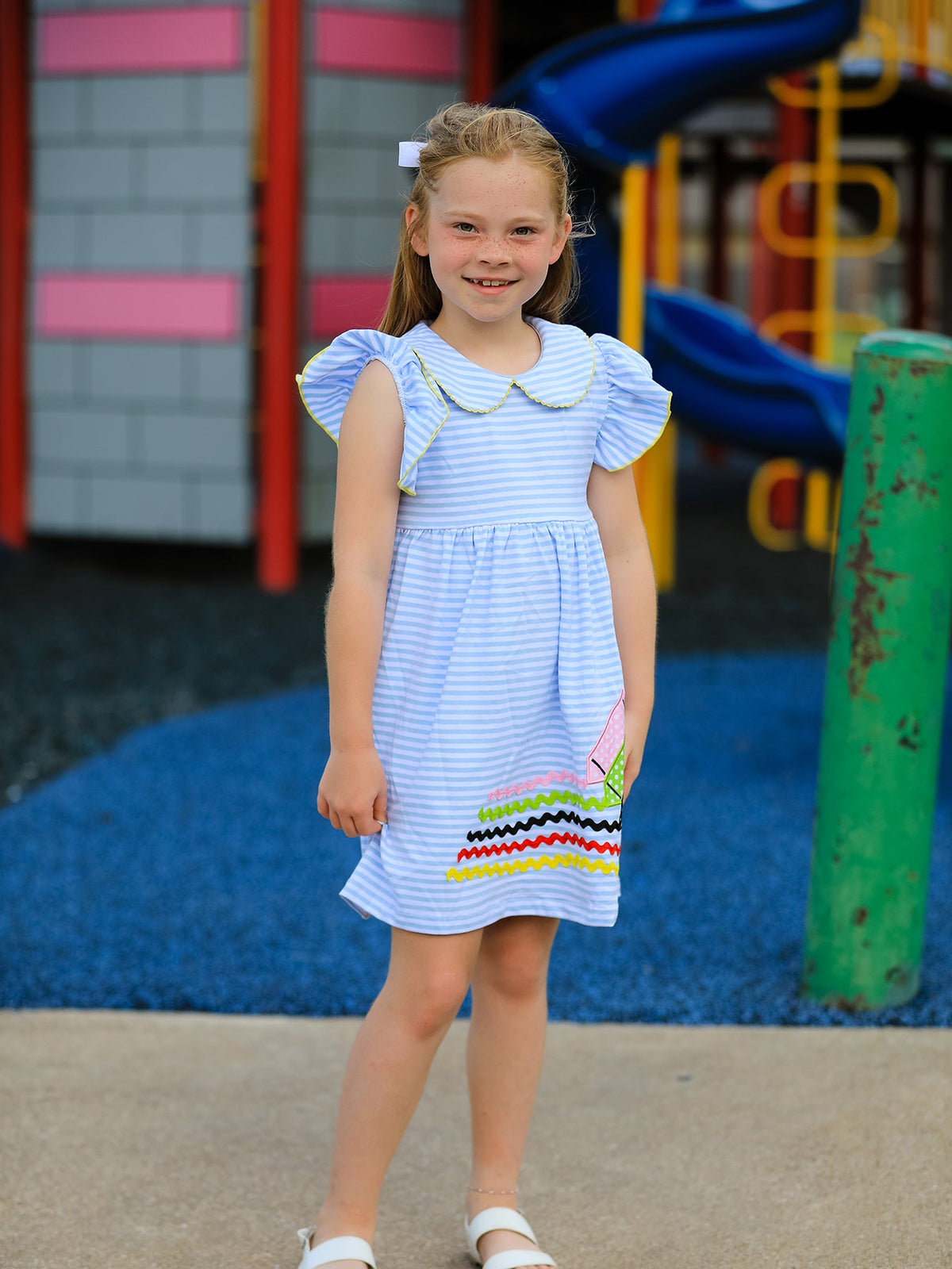 Girls Back To School Crayon Dress Ruffle Petal Collar Applique by Rylee Faith Designs at Everetts Place