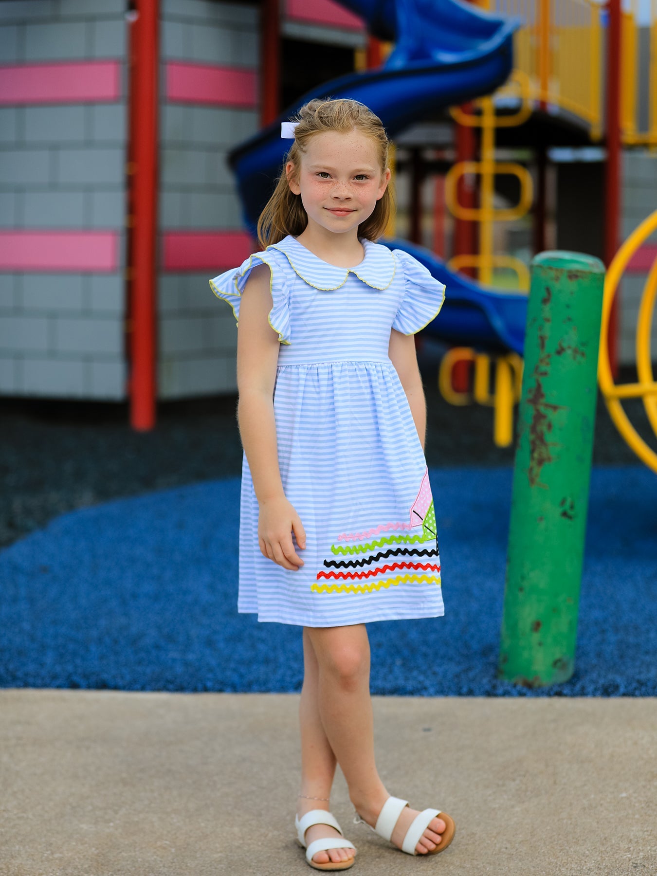 Girls Back To School Crayon Dress Ruffle Petal Collar Applique by Rylee Faith Designs at Everetts Place