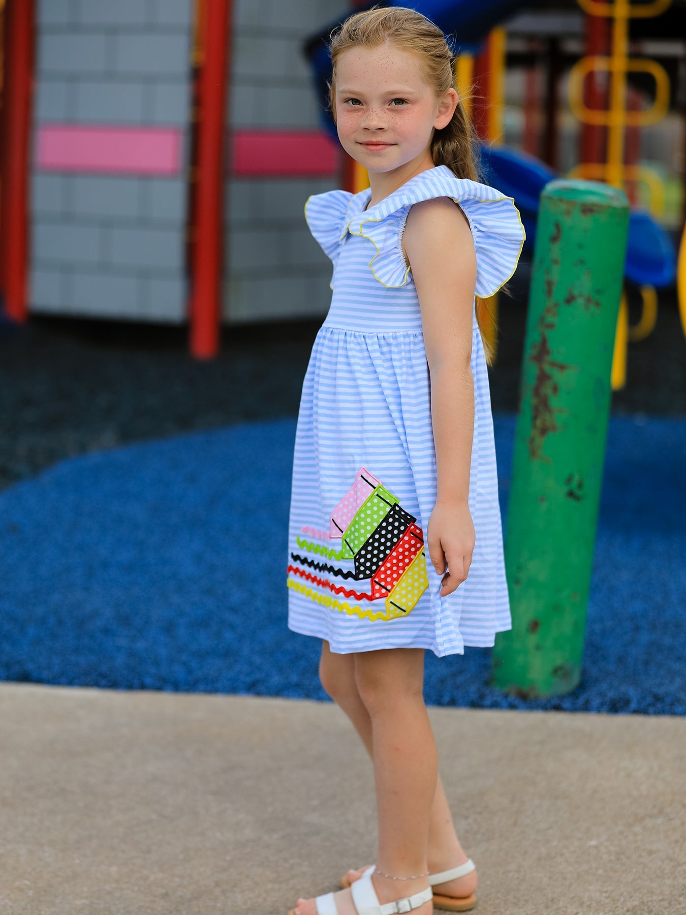 Girls Back To School Crayon Dress Ruffle Petal Collar Applique by Rylee Faith Designs at Everetts Place