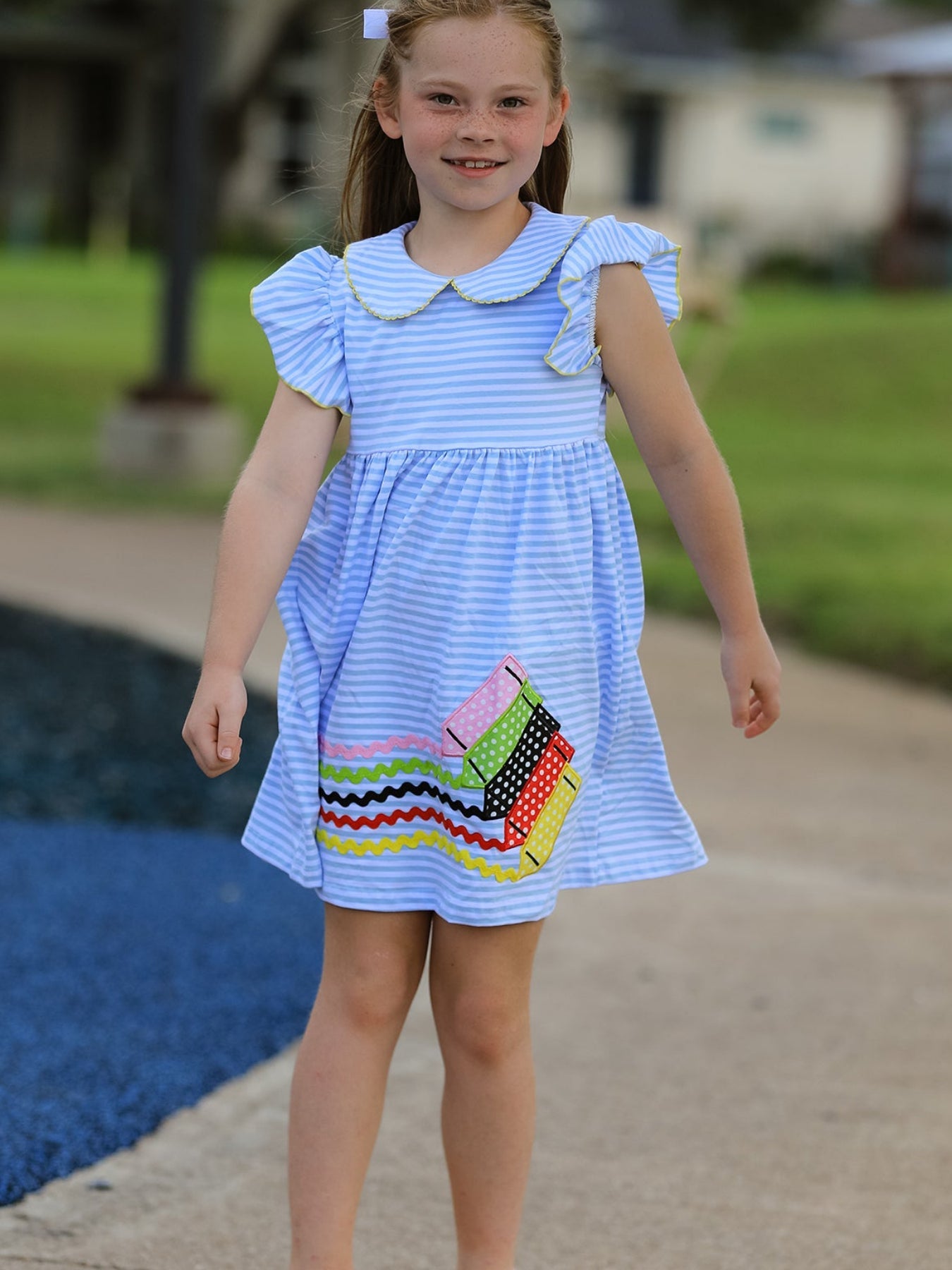 Girls Back To School Crayon Dress Ruffle Petal Collar Applique by Rylee Faith Designs at Everetts Place