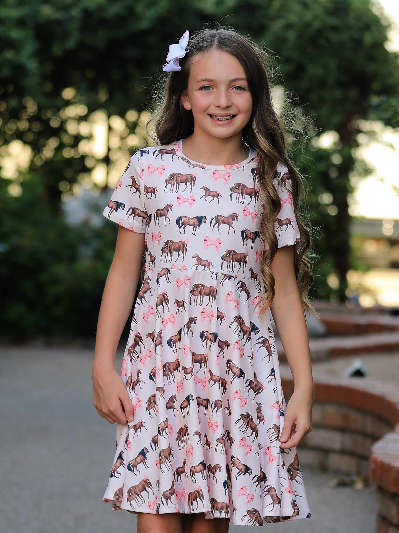 Girls Polyester Spandex Dress, Western Horse Print Twirl, Short Sleeve