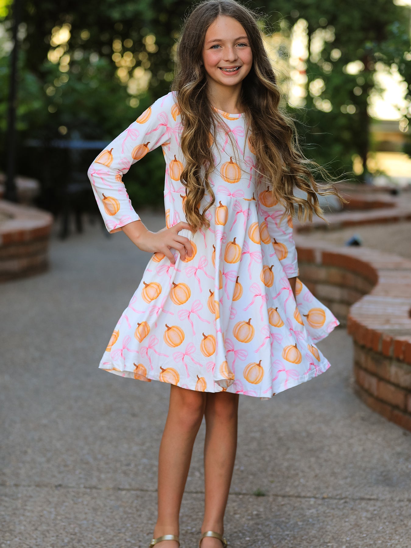 Pumpkin Bow Print Long Sleeve Dress