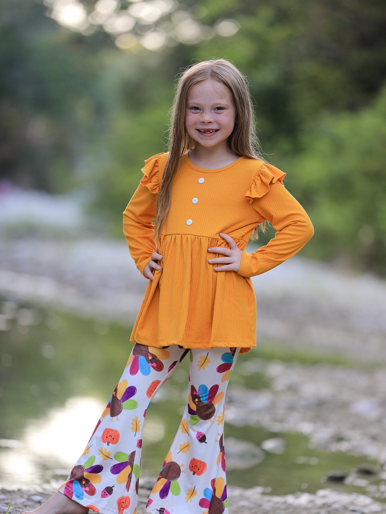 Girls long sleeve two-piece set with pumpkin and turkey prints for fall