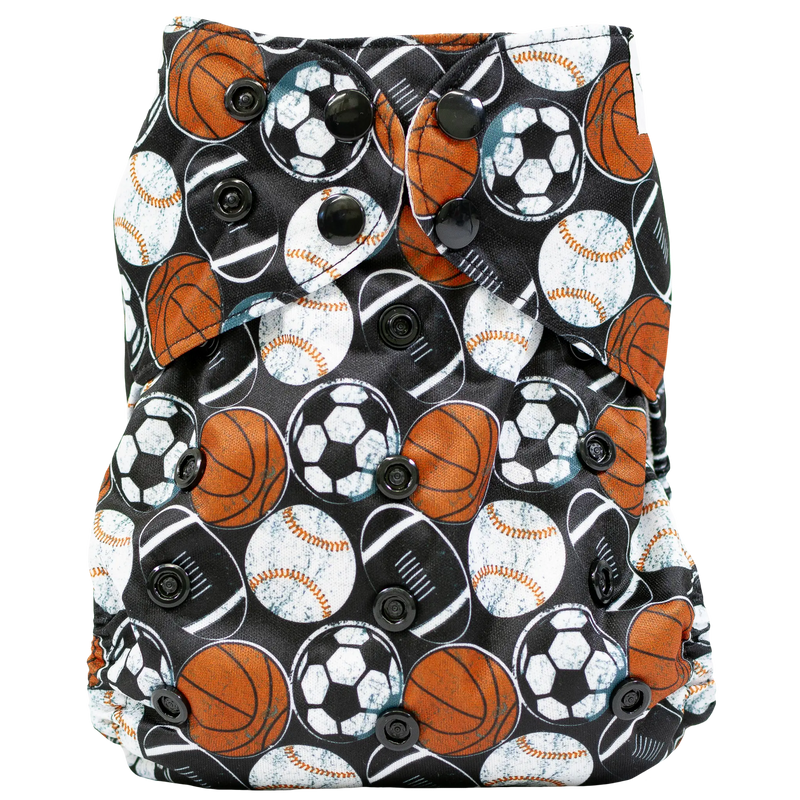 Slim fit pocket cloth diaper with sports ball design and black snaps, suitable for 8-40lbs.