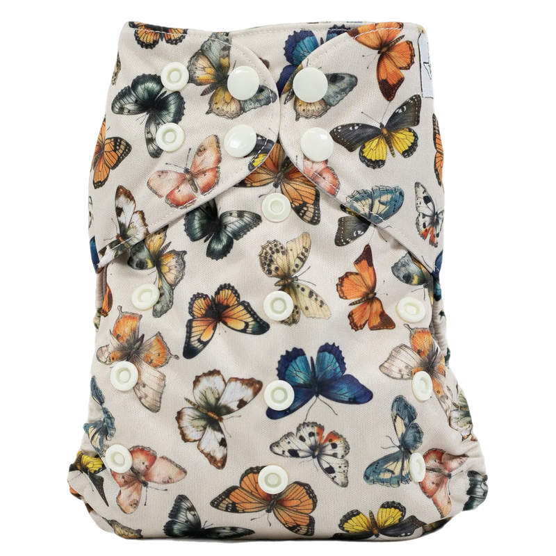 Slim Fit AIO Cloth Diaper with butterfly print, adjustable snaps, and athletic wicking jersey material.