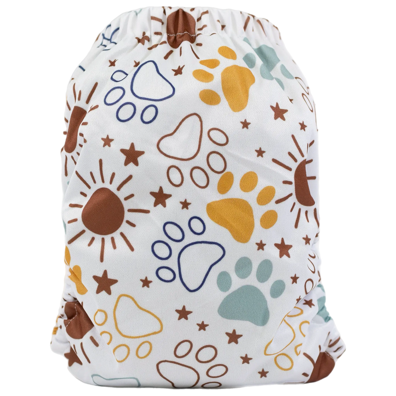 Slim Fit AIO Cloth Diaper with playful paw and star print, for 8-40 lbs babies, featuring absorbent inserts and water-resistant recycled PUL material.