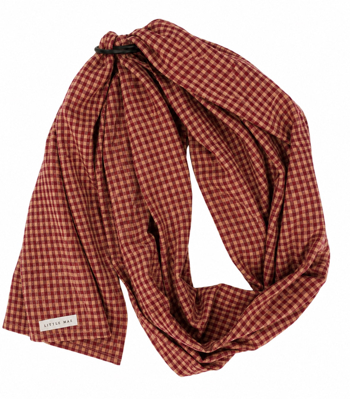 Red and beige gingham baby ring sling carrier with black aluminum rings