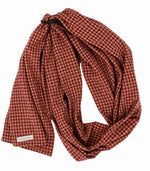 Red and beige gingham baby ring sling carrier with black aluminum rings