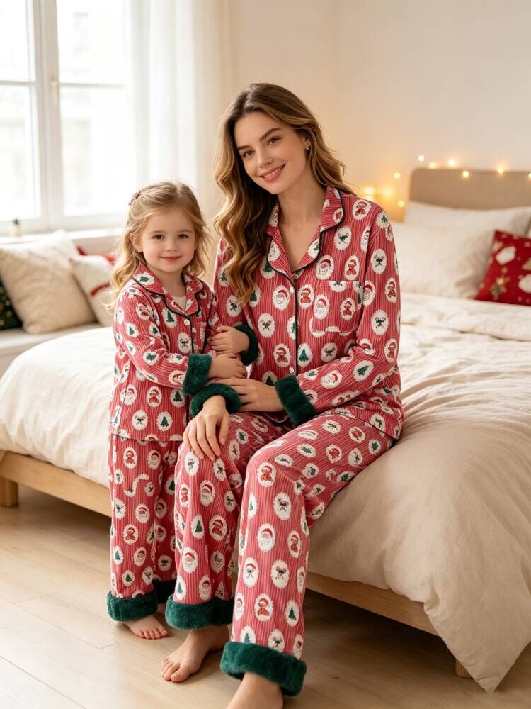 Mommy and Me Christmas Santa Print Pajama Set with Fur Trim by Rylee Faith Designs